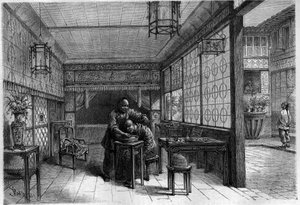 Rijke Chinees in zijn barbier. Gravure in 