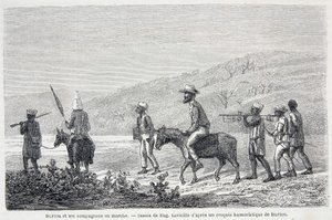 Richard Francis Burton, Britse ontdekkingsreiziger (1821-1890), en zijn metgezellen in Afrika. Tekening ter illustratie van het artikel 