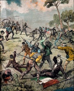 Risorgimento: de Italiaanse revolutionair Carlo Pisacane (1818-1857) wordt bestormd door boeren in Sapri op 28/06/1857. Gravure Privécollectie door Unknown artist