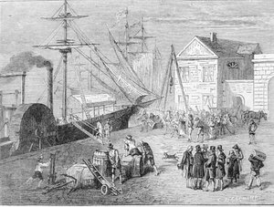 Robert Fulton, Amerikaanse bouwer aan boord van de Clermont, een boot die hij in 1807 bouwde voor de verbinding New York - Albany op de Hudson River. Gravure uit de 19e eeuw