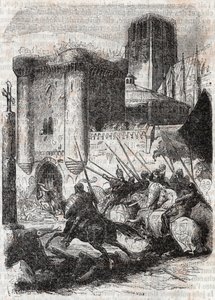 Rodomont breekt de deuren van het Palais in Parijs - gravure uit 1851 van 