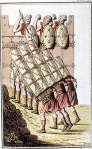 Romeinse soldaten (Romeins legioen) manoeuvreren en verdedigen zich met hun schilden. Gravure uit het begin van de 19e eeuw door Unknown artist