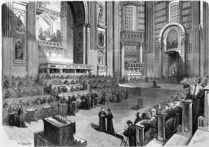 Rome 1869, eerste bijeenkomst van het oecumenisch concilie van 1869 gehouden op 9 december in het rechterdeel van het transept van de Sint-Pieterskerk