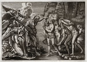 Royaumont Bijbel, Nieuwe Testament: Doop van Jezus Christus. Johannes de Doper doopt Jezus Christus in de wateren van de Jordaan. Illustratie uit 1811. door Unknown artist
