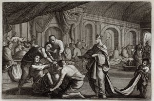 Royaumont Bijbel, Nieuwe Testament: Bruidskleed. Parabel van een koning die de bruiloft van zijn zoon vierde, waarbij hij een man zonder bruidskleed afwees. Illustratie uit 1811. door Unknown artist