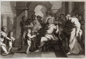 Royaumont Bijbel, Nieuwe Testament: Kind als model van nederigheid. Jezus Christus stelt zijn discipelen een kind voor als model van de nederige christen. Illustratie uit 1811. door Unknown artist