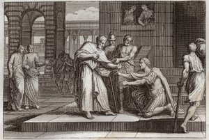 Bijbel van Royaumont, Nieuwe Testament: Cornelius doopt. Cornelius de centurio ontvangt het geloof van Jezus Christus, en wordt gedoopt door St. Petrus. Illustratie uit 1811. door Unknown artist