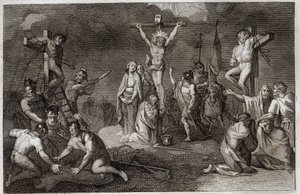 Royaumont Bijbel, Nieuwe Testament: Kruisiging van Jezus Christus. De Maagd Maria, Sint Maria Magdalena en Sint Johannes aan de voet van het kruis, Sint Longinus de Centurion (Sint Longinus) met zijn speer, soldaten spelen om de tuniek van Christus. Aan de door Unknown artist