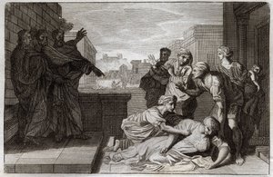 Royaumont Bijbel, Nieuwe Testament: Dood van Ananias en zijn vrouw Saffira voor St. Petrus en St. Johannes. Illustratie uit 1811.