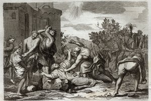 Royaumont Bijbel, Nieuwe Testament: Dood van St. Stefanus, eerste christelijke martelaar, door steniging. Illustratie uit 1811.