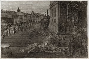 Bijbel van Royaumont, Nieuwe Testament: Dood van de twee profeten. De visioen van Sint Jan over twee dode profeten, die daarna weer tot leven komen. Zevende bazuin van de Openbaring. Illustratie uit 1811 door Unknown artist