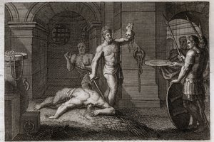 Bijbel van Royaumont, Nieuwe Testament: Onthoofding van Sint Jan de Doper. Men legt zijn hoofd op een schaal. Illustratie uit 1811. door Unknown artist