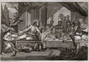 Royaumont Bijbel, Nieuwe Testament: Diner bij Simon de Farizeeër. Maria Magdalena ging huilen aan de voeten van Jezus Christus bij Simon de Farizeeër en verkreeg vergeving van haar zonden. Ze zalft Christus