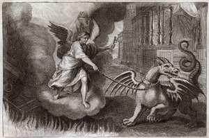 Royaumont Bijbel, Nieuwe Testament: Drakenkettingen. De Draak van de Openbaring, symbool van de Duivel, wordt geketend door een Engel met de sleutel van de afgrond. Illustratie uit 1811. door Unknown artist