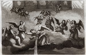 Royaumont Bijbel, Nieuwe Testament: Draak van de Openbaring. Zeven engelen gieten de inhoud van hun beker, symbool van Gods toorn, op aarde. Illustratie uit 1811.