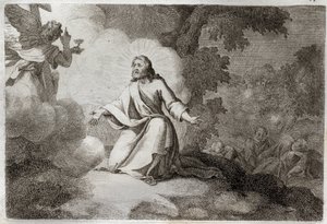 Royaumont Bijbel, Nieuwe Testament: Jezus Christus in de tuin (gebed op de Olijfberg). Een engel met een kelk verschijnt aan Jezus. De apostelen St. Petrus, St. Johannes en St. Jacobus slapen. Illustratie uit 1811. door Unknown artist