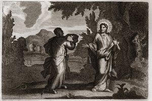 Royaumont Bijbel, Nieuwe Testament: Jezus Christus in de woestijn. Jezus wordt de woestijn in gedreven. Hij vast veertig dagen en veertig nachten. Hij wordt verleid door de demon die hem uitnodigt om stenen in brood te veranderen. Illustratie uit 1811. door Unknown artist