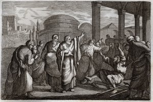 Bijbel van Royaumont, Nieuwe Testament: Genezing van een lamme. Sint Paulus geneest een lamme en stopt een menigte die hem als een god wilde vereren. Illustratie uit 1811 door Unknown artist
