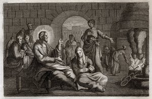 Royaumont Bijbel, Nieuwe Testament: Martha en Maria. Jezus Christus komt het huis van Martha binnen, die zich haast om hem te ontvangen terwijl haar zus, Maria van Bethanië, naar zijn woord luistert. Illustratie uit 1811. door Unknown artist
