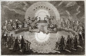 Royaumont Bijbel, Nieuwe Testament: Open Hemel. Een troon verschijnt omringd door een leeuw, een os, een man en een adelaar (tetramorf) en zeven lampen. Vierentwintig oude mensen zittend op tronen omringen deze visie. Illustratie uit 1811.