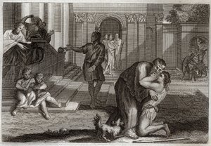 Royaumont Bijbel, Nieuwe Testament: Parabel van de verloren zoon. De zoon keert terug naar huis nadat hij al zijn bezittingen heeft verloren. Hij komt zijn vader om vergeving vragen. Illustratie uit 1811. door Unknown artist