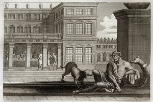Royaumont Bijbel, Nieuwe Testament: Parabel van de rijke man en Lazarus. De rijke man zit aan tafel en Lazarus de bedelaar, wiens wonden door de honden van de rijke man worden gelikt. Illustratie uit 1811.