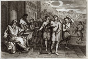 Royaumont Bijbel, Nieuwe Testament: Gelijkenis van de wijnbouwers of gelijkenis van de arbeiders van het elfde uur. Arbeiders die de vader van de familie naar zijn wijngaard stuurt. Illustratie uit 1811. door Unknown artist