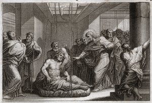 Royaumont Bijbel, Nieuwe Testament: Verlamde. Jezus Christus roept Sint Matteüs en geneest een verlamde in Kafarnaüm. Illustratie uit 1811. door Unknown artist