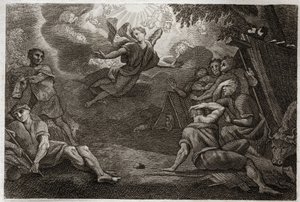 Royaumont Bijbel, Nieuwe Testament: Herders bij de kribbe. Een engel kondigt de geboorte van Jezus Christus aan de herders aan (Aankondiging aan de herders). Illustratie uit 1811. door Unknown artist