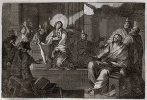 Royaumont Bijbel, Nieuwe Testament: Pinksteren. De Heilige Geest daalt neer op de Maagd Maria en de apostelen. Illustratie uit 1811.