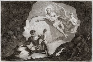 Royaumont Bijbel, Nieuwe Testament: Opstanding. Jezus Christus staat op uit zijn graf onder de verbazing van de Romeinse soldaten die in slaap waren gevallen. Illustratie uit 1811 (gravure). door Unknown artist