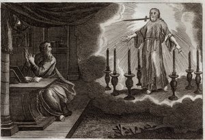 Royaumont Bijbel, Nieuwe Testament: Openbaringen van Sint Jan in de Openbaring. Jezus Christus verschijnt aan Sint Jan tussen zeven gouden kandelaars, met zeven sterren in zijn rechterhand en een zwaard dat uit zijn mond komt. Illustratie uit 1811. door Unknown artist