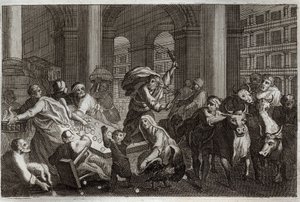 Royaumont Bijbel, Nieuwe Testament: Verdrijving van de verkopers uit de tempel. Jezus Christus verjaagt uit de tempel degenen die hem ontheiligden door de handel die ze daar dreven. Illustratie uit 1811. door Unknown artist