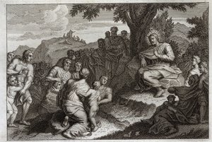 Royaumont Bijbel, Nieuwe Testament: Bergrede. Jezus Christus kiest twaalf apostelen uit zijn discipelen en houdt voor hen en een groot volk de Bergrede. Illustratie uit 1811.