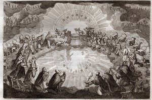 Royaumont Bijbel, Nieuwe Testament: Zeven zegels van het boek geopend door het Lam. De vierentwintig oudsten werpen zich neer voor de troon omringd door een leeuw, een os, een mens en een adelaar (tetramorf) en zeven lampen. Illustratie uit 1811.