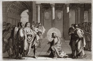Royaumont Bijbel, Nieuwe Testament: De overspelige vrouw. Jezus Christus ontwijkt goddelijk de valstrikken die de Joden voor hem hadden gelegd, door hem te vragen wat er met een vrouw die op overspel betrapt was, moest gebeuren, zeggende: 