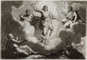 Royaumont Bijbel, Nieuwe Testament: De Transfiguratie van Jezus Christus. Christus omringt Mozes en Elia met daaronder de apostel Johannes, Petrus en Jakobus. Illustratie uit 1811.