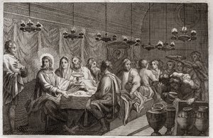 Royaumont Bijbel, Nieuwe Testament: De bruiloft te Kana. Eerste wonder van Jezus Christus die water in wijn veranderde. Illustratie uit 1811. door Unknown artist