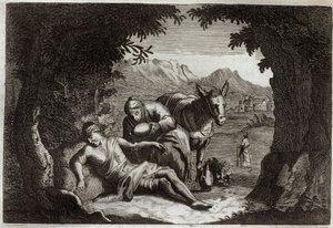Royaumont Bijbel, Nieuwe Testament: De gelijkenis van de barmhartige Samaritaan. De Samaritaan stopte op zijn weg om de man in nood te helpen. Illustratie uit 1811.