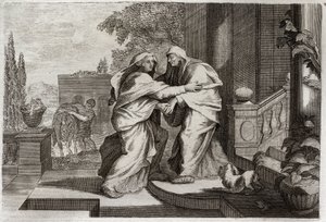 Royaumont Bijbel, Nieuwe Testament: Visitatie. De Heilige Maagd Maria bezoekt haar nicht Elisabeth. Illustratie uit 1811. door Unknown artist