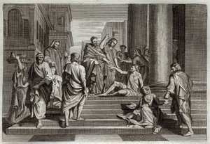 Royaumont Bijbel, Nieuwe Testament: Genezing van de lamme. Sint Petrus, vergezeld door Sint Johannes, geneest op wonderbaarlijke wijze een lamme man in Jeruzalem. Illustratie uit 1811. door Unknown artist
