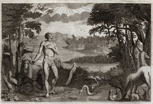 Bijbel van Royaumont, Oude Testament: Schepping van man en vrouw. God die de mens schiep, plaatst hem in het aardse paradijs en verbiedt hem van de vrucht van de boom van kennis van goed en kwaad te eten. Illustratie uit 1811 door Unknown artist