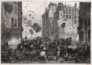 Rue Saint-Antoine tijdens de Trois-Glorieuses (juli 1830) - Revolutie van 1830 Barricadegevechten op Rue Saint-Antoine in 1830 door Unknown artist