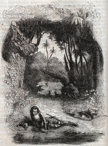 Ruggiero op het eiland van Alcina, - 1851 gravure uit het gedicht Orlando furioso (1516) door Ludovico Ariosto, - Editie vertaald uit het Italiaans door de Graaf van Tressan en uitgegeven door Gustave Harvard 1851