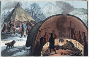 Saami-familie in een tent in Lapland - Interieur van een Laplandse hut met een familie rond het vuur - gravure uit 