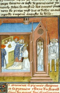 Heilige (Kroning) van Karel de Grote (742 - 814) in 800 door paus Leo III. - Verluchting van manuscript uit de Middeleeuwen (ref. 512, 089v) Vraag toestemming aan de Gemeentelijke Bibliotheek van Toulouse (tel: 05 62 27 66 66) door Unknown artist