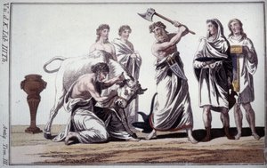 Offer van een stier. Gebruik in de Romeinse oudheid. Vroege 19e-eeuwse gravure door Unknown artist