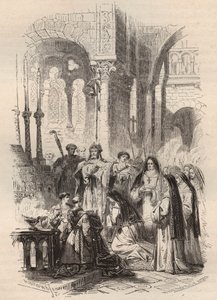 Zeiltocht van Sint Cunegonde van Luxemburg (ca. 975-1033/1039) in 1024, overgedragen door de bisschop van Paderborn Meinwerk (ca. 975-1036) in de Benedictijnse Abdij van Kaufungen in Duitsland. Gravure uit 1868 in 