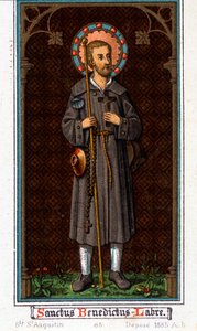 Sint Benedictus van Nursie (geboren in Nurcia (Nurcia) in Umbrië rond 480 - 527) als pelgrim. Chromolithografie van 1885 door Unknown artist