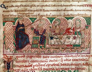 Sint Maur (512-584) oprichter van het klooster van Flanfeuil (Saint Maur) in Anjou wordt ontvangen aan de tafel van Gaidulfe van Ravenna, vervolger van de monniken en straft hem. Miniatuur uit 